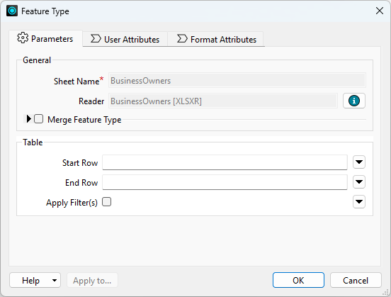 Reader feature type dialog